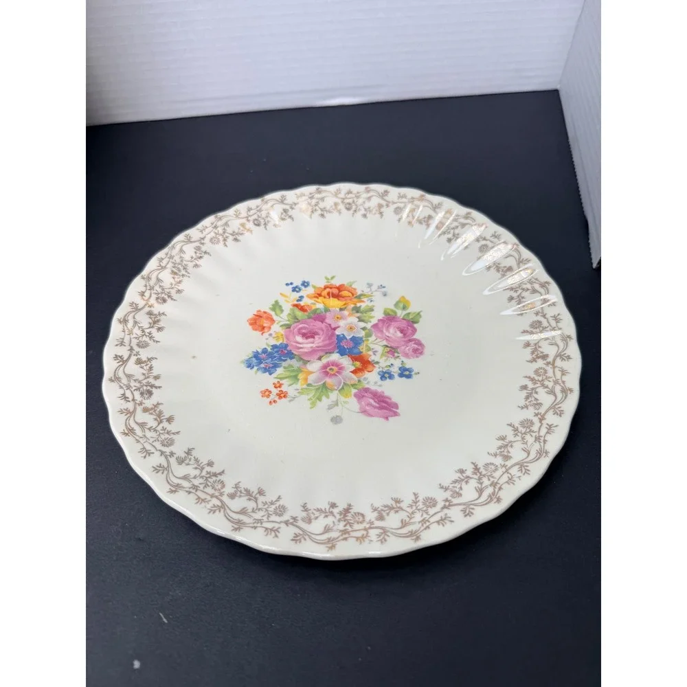 Vintage Cottagecore Southern Potteries Floral Dinner Plate 22Kt Gold Filigree